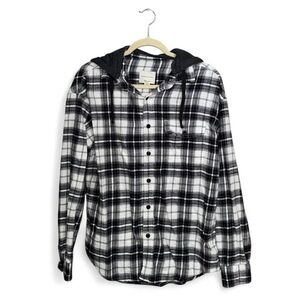 American Eagle Men’s Super Soft Hooded Black Button Down Flannel Size Medium